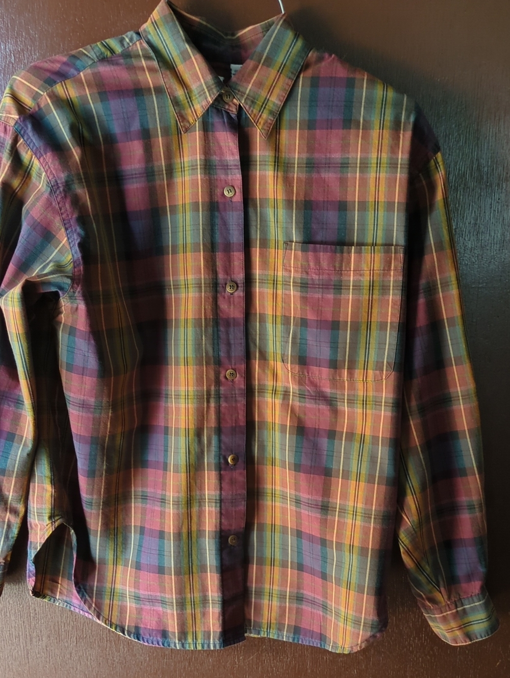 Jennifer Moore Multicolor Plaid Button-Down Shirt — Green, Blue, Yellow, Red M
